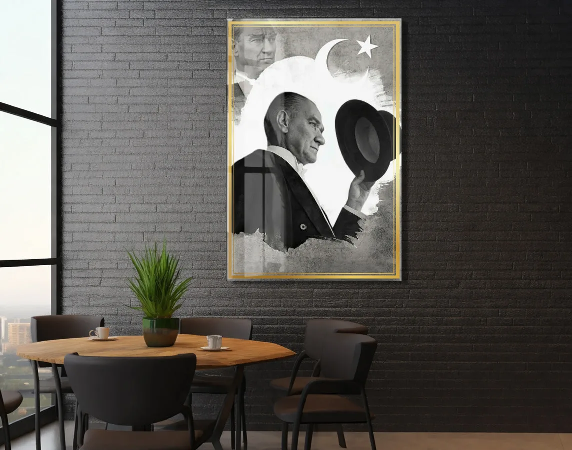 Şapkalı Mustafa Kemal Atatürk Cam Tablo | Sanatsal 4 mm Temperli UV Baskılı Duvar Dekoru -PeonyAta1306 — görsel 5