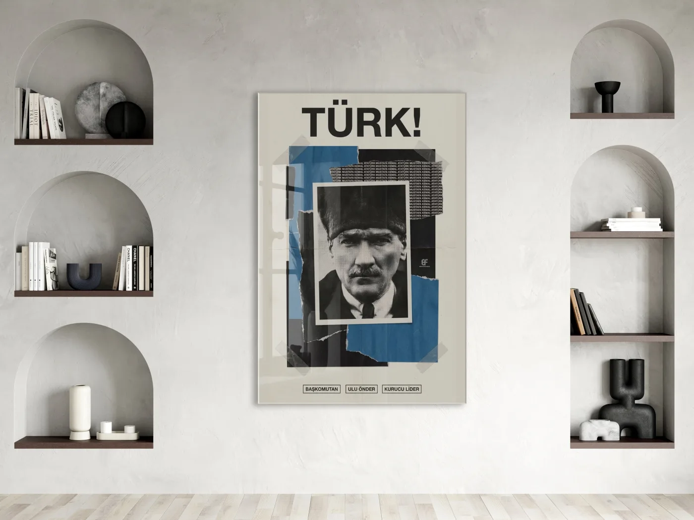 Mustafa Kemal Atatürk Türk! Başkomutan Cam Tablo – Modern Kolaj Tasarım Atatürk Duvar Dekoru -PeonyAta074 — görsel 3