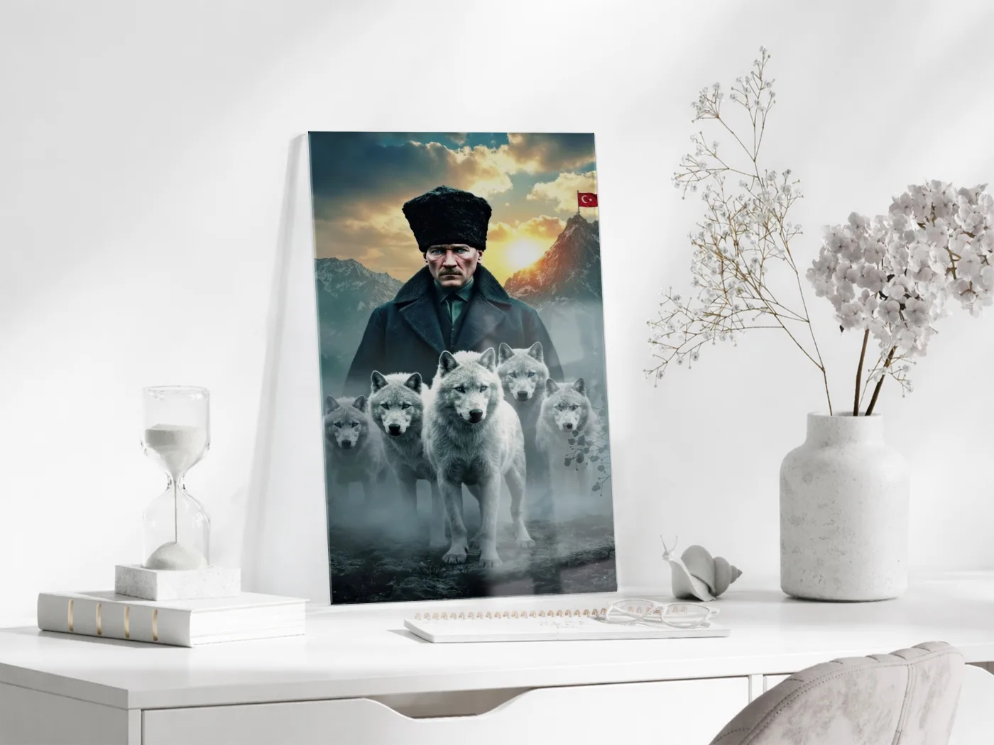 Atatürk ve Kurtlar Cam Baskı Tablo | Güç ve Liderlik Temalı Modern Sanatsal Duvar Dekoru, 4mm Temperli Cam, Yüksek Çözünürlüklü UV Baskı PeonyAta043 — görsel 4