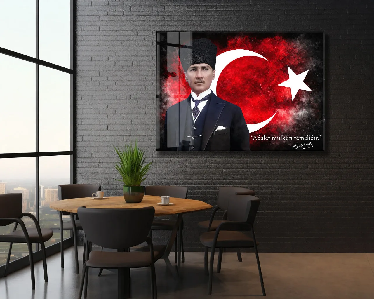 Kalpaklı Mustafa Kemal Atatürk Cam Tablo | “Adalet Mülkün Temelidir” 4 mm Temperli UV Baskılı -PeonyAta1312 — görsel 5