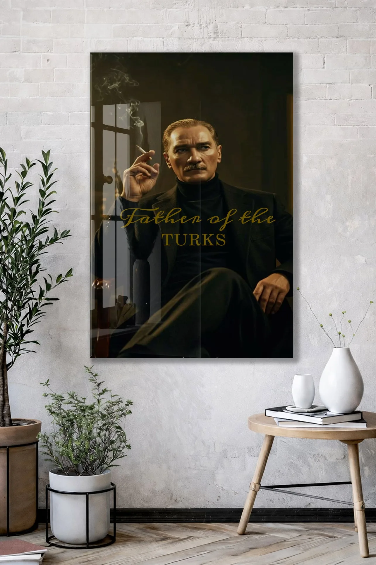 Father of the Turks Atatürk Cam Tablo | Gold Yazı Detaylı Modern Portre, Premium UV Baskı Temperli Cam Atatürk Duvar Dekoru PeonyAta051 — görsel 3