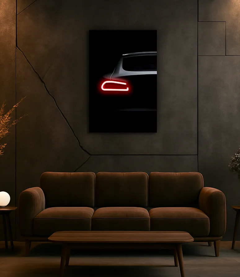 Minimalist Siyah Araba UV Baskı Neon Duvar Dekoru | Kırmızı Işıklı Pleksi Tablo | Modern Salon ve Ofis Duvar Sanatı — görsel 1