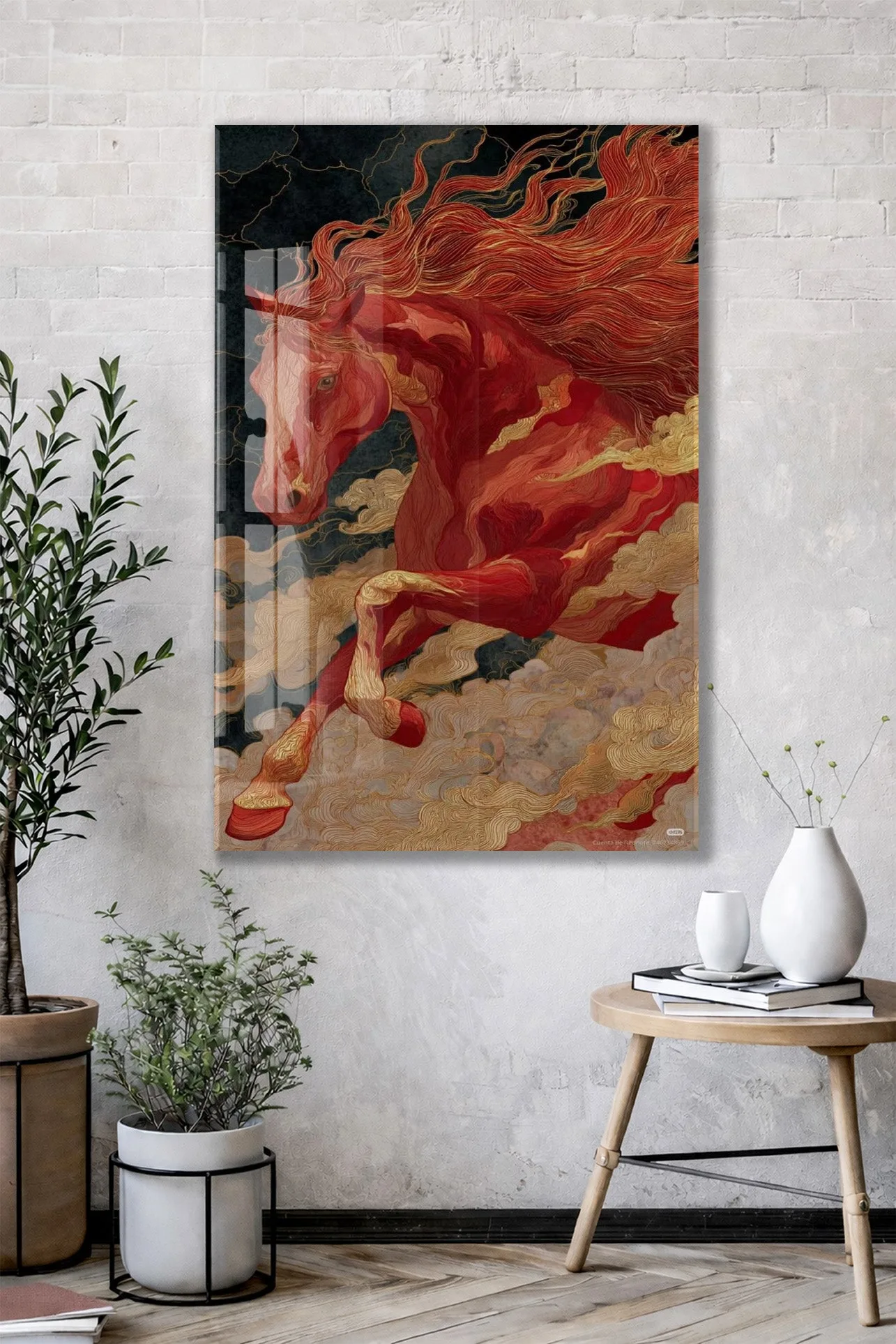 “Kızıl Rüzgâr” – Mitolojik At Figürlü Cam Tablo - Peony068 — görsel 3