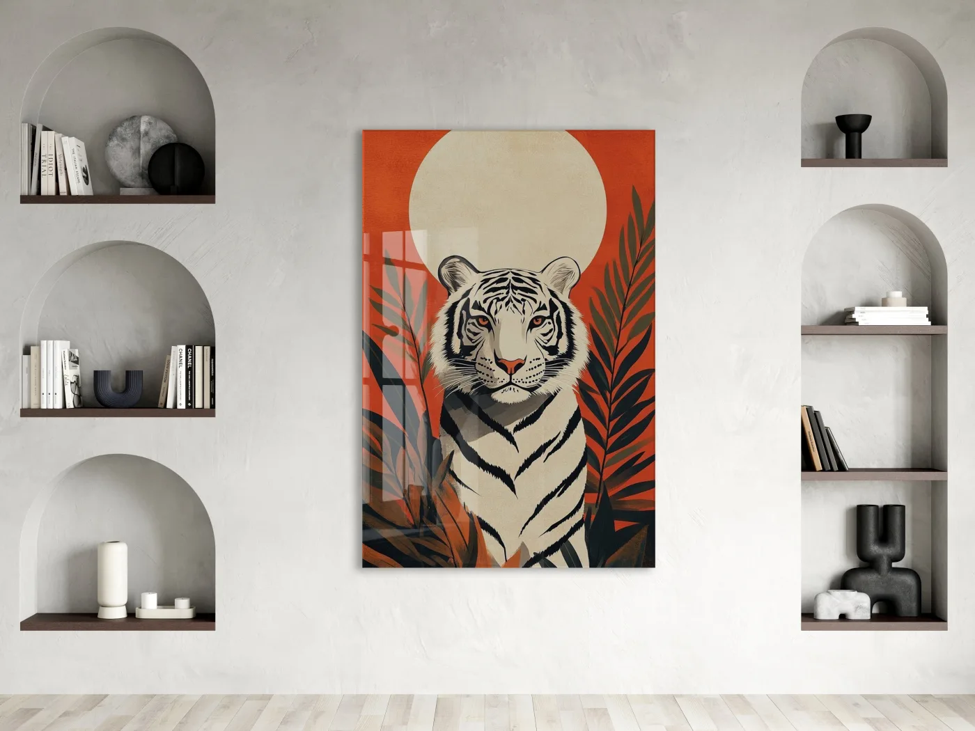 White Tiger Art – Tropikal Yapraklı Minimal Cam Tablo - Peony142 — görsel 3