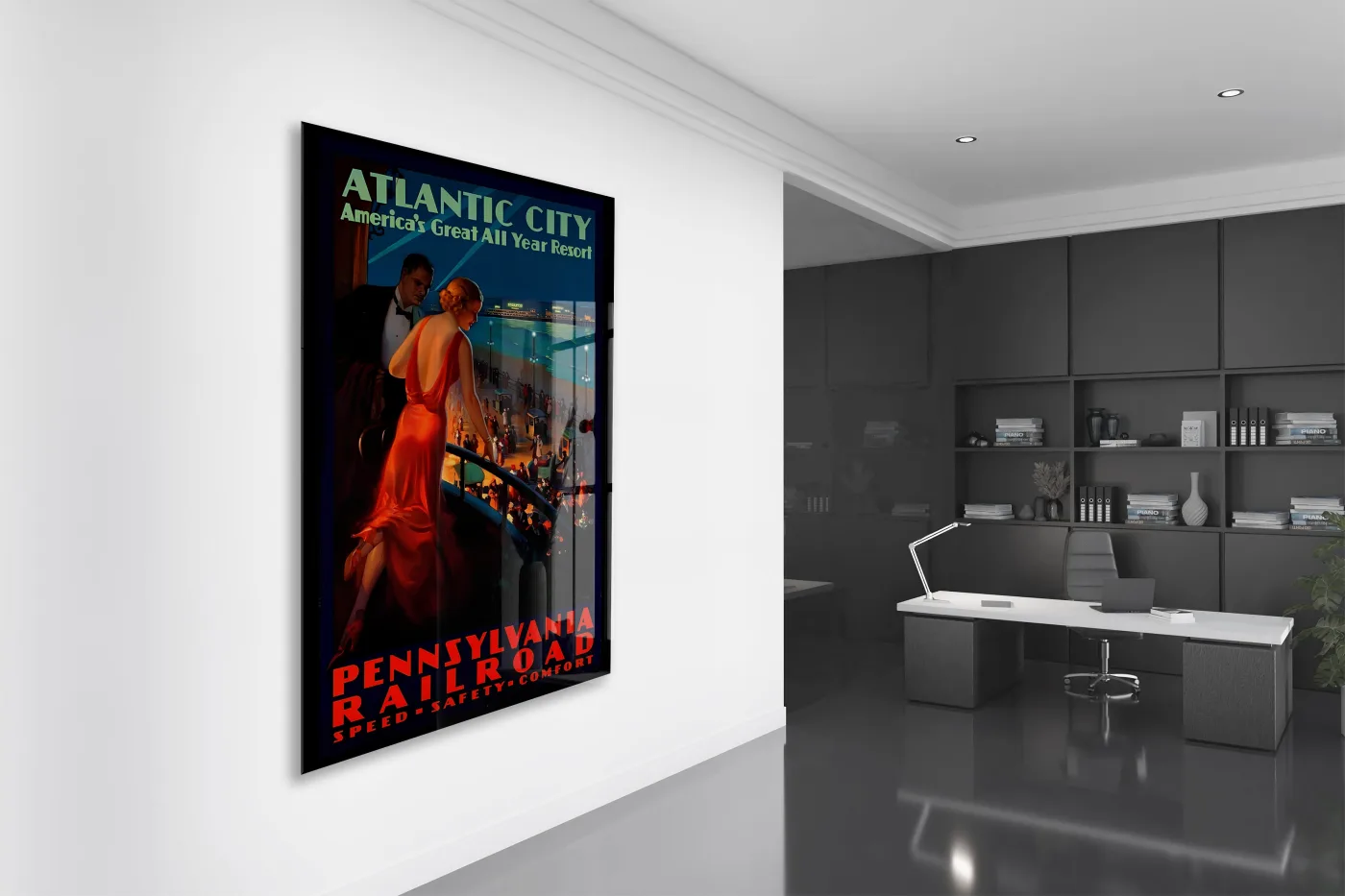 Atlantic City Vintage Cam Tablo | Art Deco Seyahat Posteri UV Baskılı Temperli Cam Duvar Dekoru - Peony152 — görsel 4