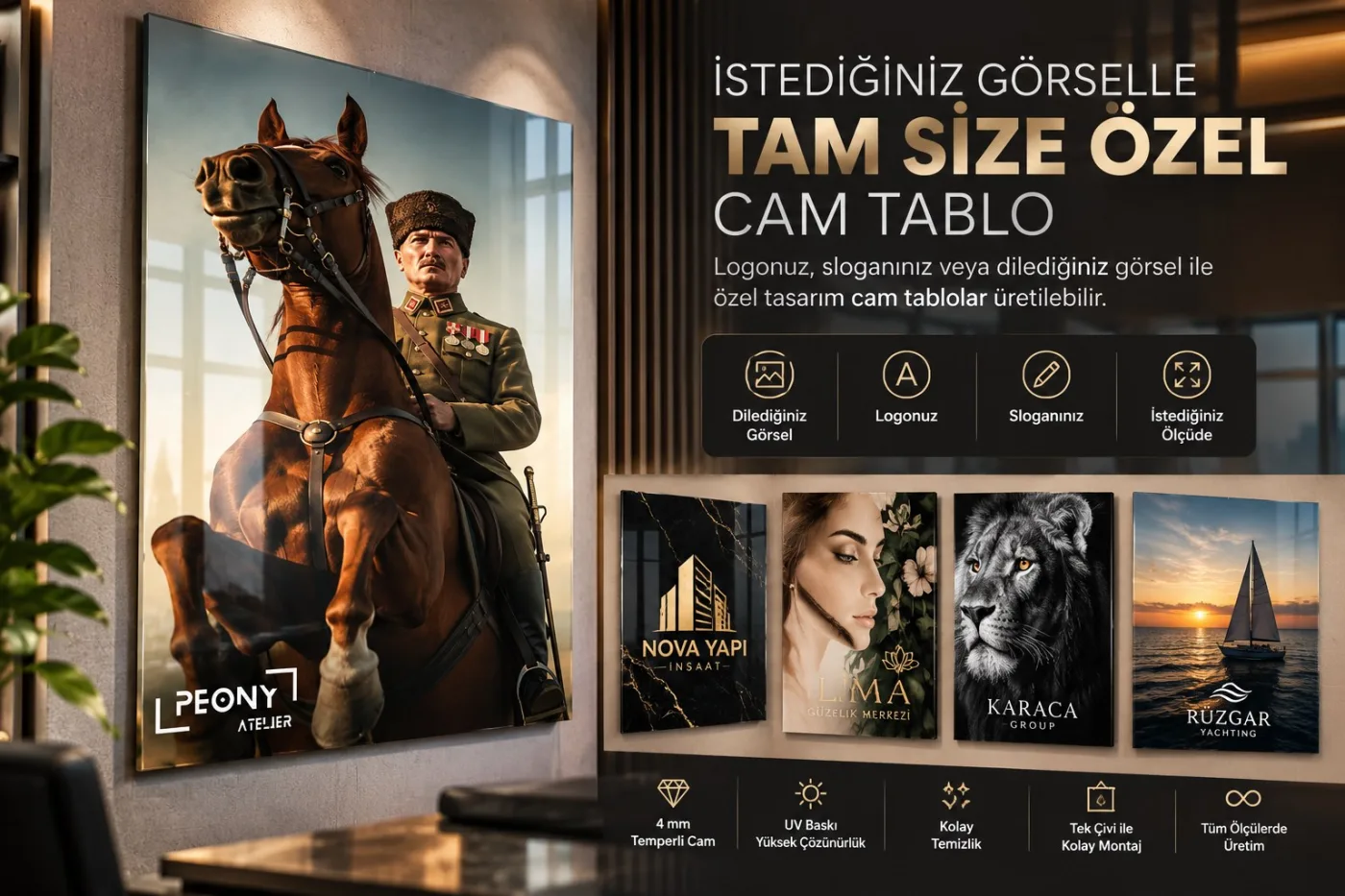 İşyerine Özel Cam Tablo – Logo ve Slogan Baskılı Kişiye Özel 4 mm Temperli Cam Kurumsal Duvar Tablosu – Premium UV Baskı — görsel 4
