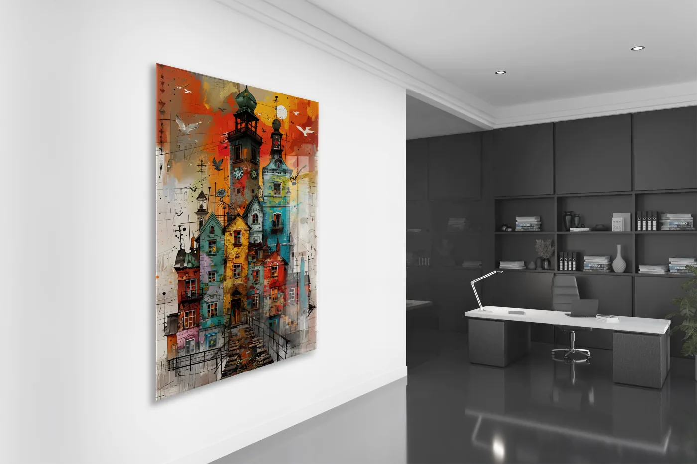 Renkli Şehir Evleri Cam Tablo – Modern Kentsel Mimari Temalı Soyut Sanat, UV Baskılı Temperli Cam Duvar Tablosu - Peony034 — görsel 4