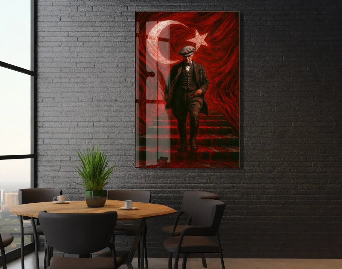 Atatürk Sanatsal Cam Tablo – Ay Yıldızlı Kırmızı Fonlu Devrim Temalı Duvar Sanatı -PeonyAta062 — görsel 6