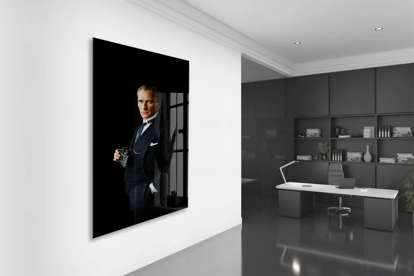 Atatürk Modern Portre Cam Tablo – Siyah Arka Planlı Liderlik Temalı 4 mm Temperli Cam -PeonyAta058 — görsel 5