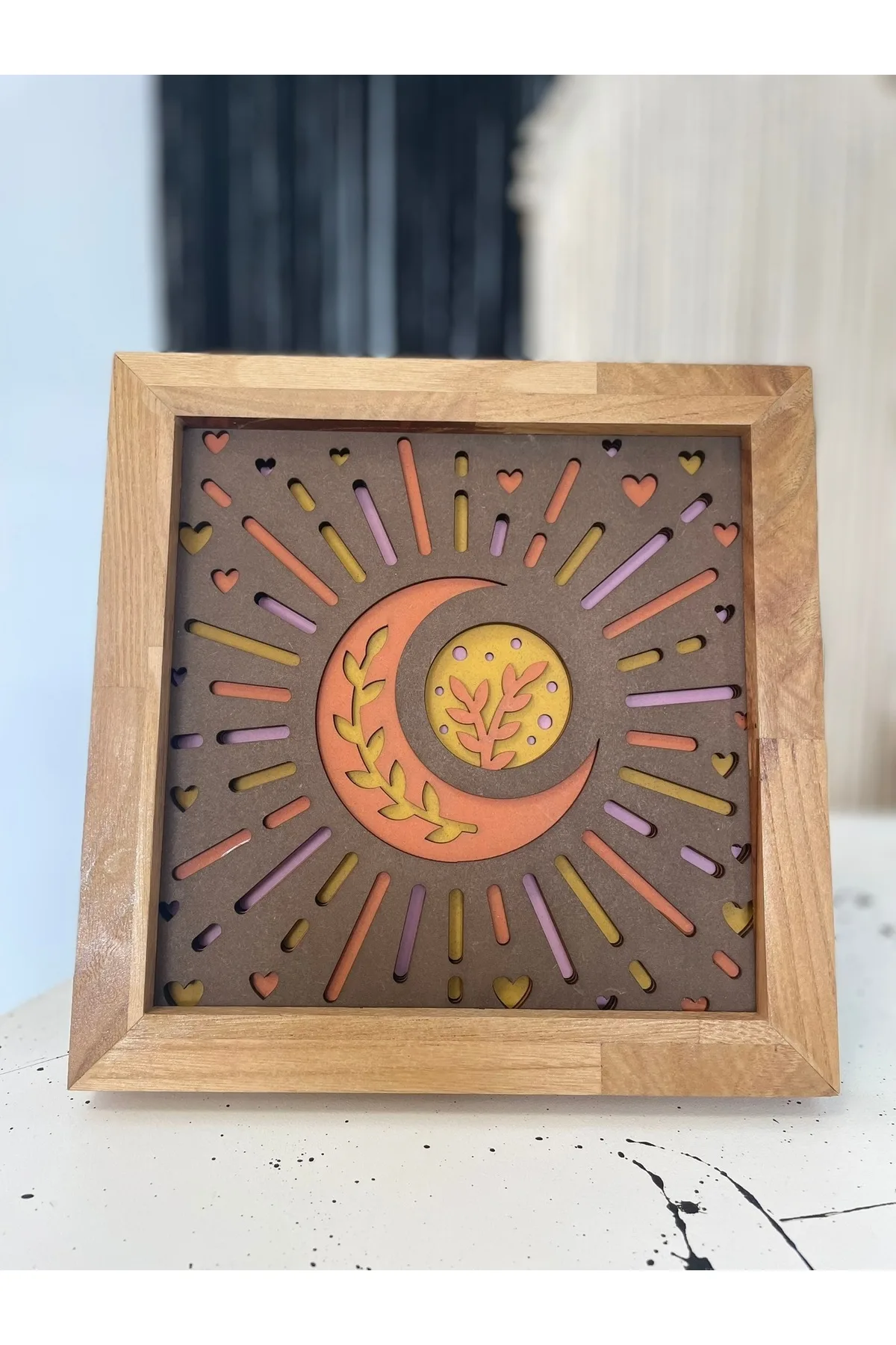 20x20cm 4 Katmanlı El Yapımı Ay ve Güneş Ahşap Tablo – Masif Çerçeve — görsel 1
