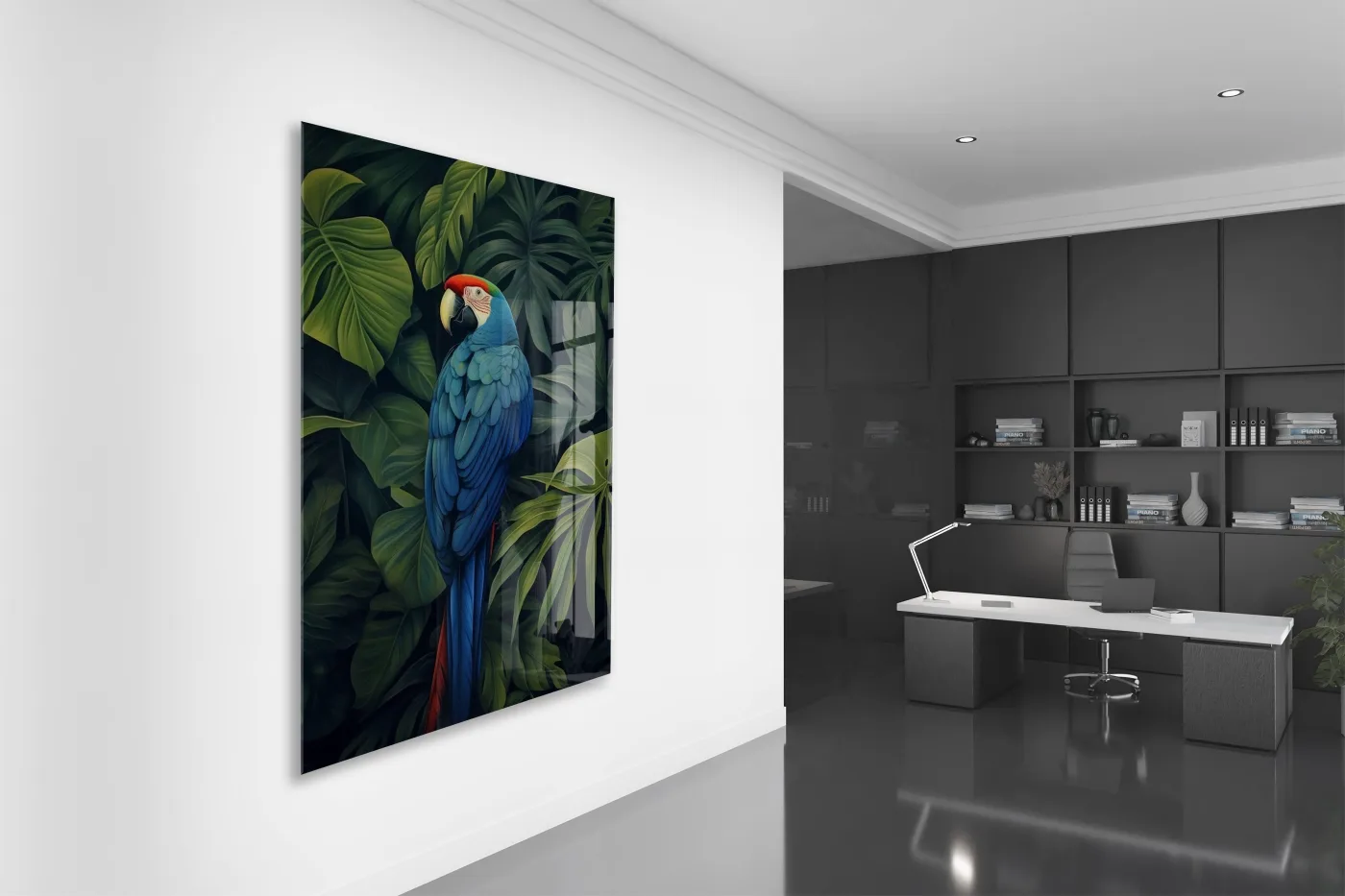 Tropikal Papağan Cam Duvar Tablosu – Yeşil Yapraklı Modern Tasarım - Peony119 — görsel 5