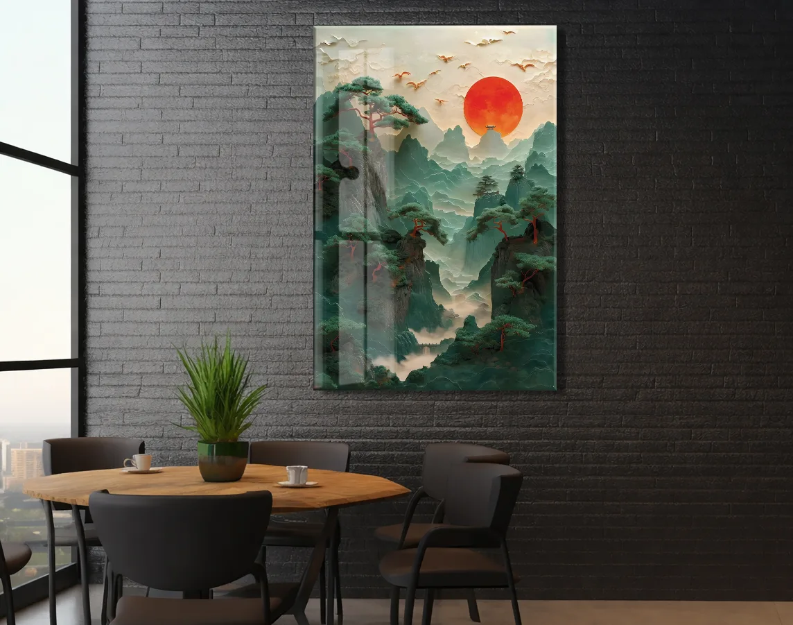 Modern Asya Manzarası Cam Tablo – Dağ ve Kızıl Güneş Temalı Sanatsal UV Baskılı Temperli Cam Duvar Tablosu - Peony008 — görsel 5