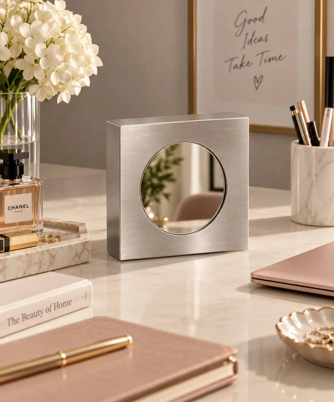 Lunera | Paslanmaz Çelik Dekoratif Ayna – 20x20 cm Modern Fırçalı Metal Çerçeveli Masaüstü ve Dekoratif Ayna — görsel 4