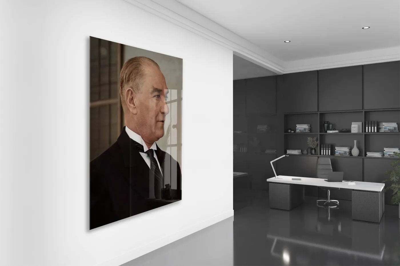 Atatürk Profil Portre Cam Tablo – Liderlik ve Vizyonu Yansıtan Modern 4 mm Temperli Cam Duvar Dekoru -PeonyAta1002 — görsel 5