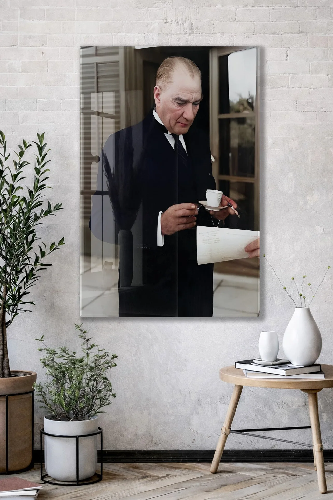 Atatürk Cam Tablo – Çalışma Anı Tasarımı, 4 mm Temperli Cam Üzerine Zarif ve Prestijli Duvar Dekoru -PeonyAta1024 — görsel 3