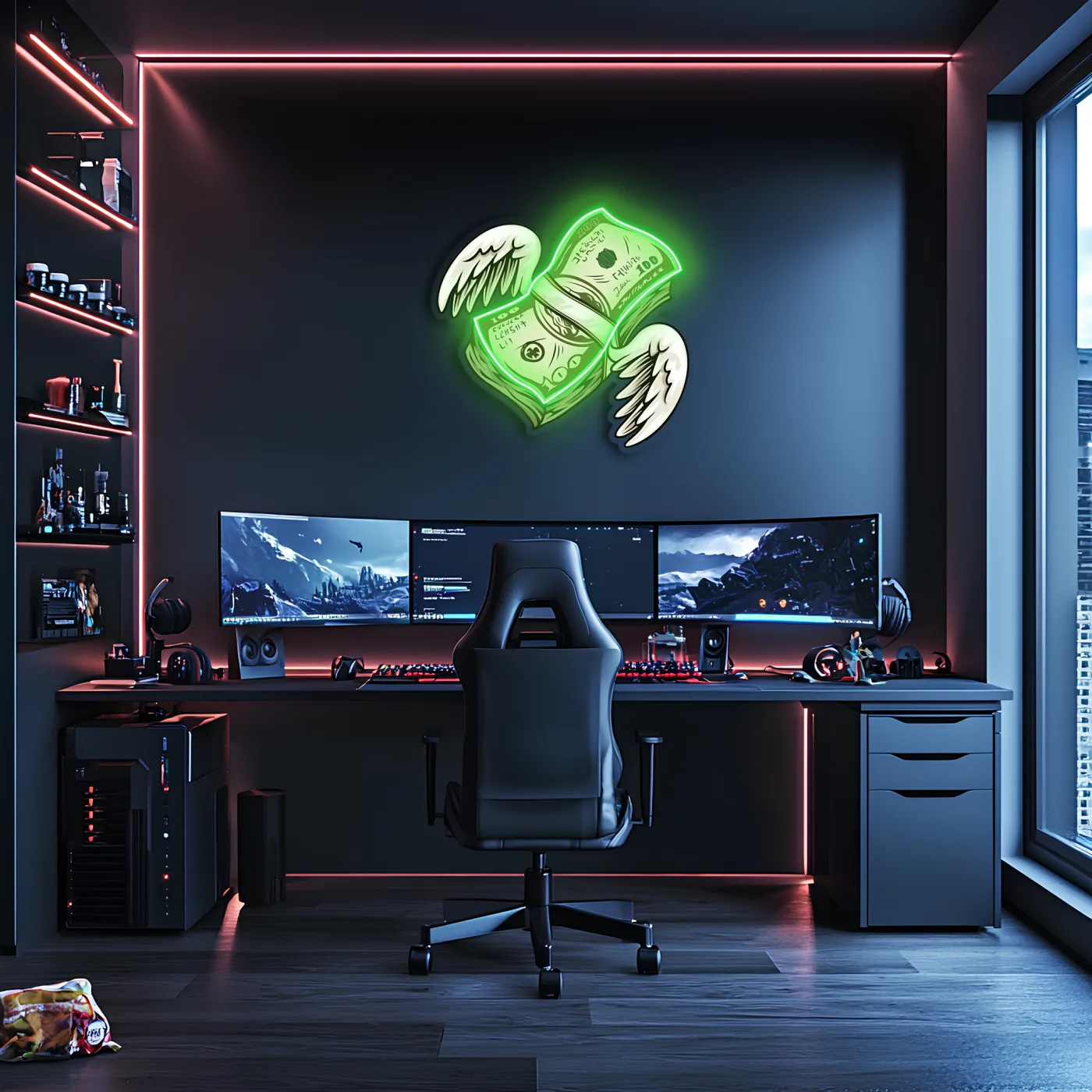 Uçan Para Neon Duvar Dekoru | Yeşil Işıklı Pleksi Tablo | Gamer Room ve Ofis İçin Modern Duvar Sanatı — görsel 4