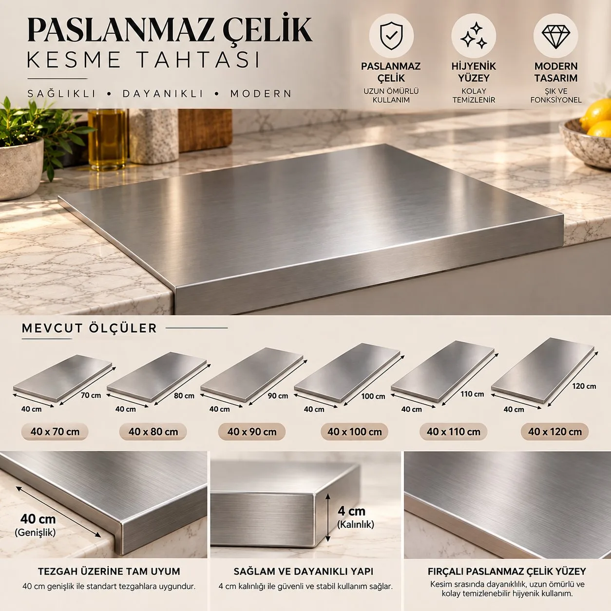 Steelora | Paslanmaz Çelik Tezgah Üstü Kesme Tahtası – 40x70–120 cm Büyük Boy Fırçalı Metal Mutfak Doğrama ve Hazırlık Tezgahı — görsel 8