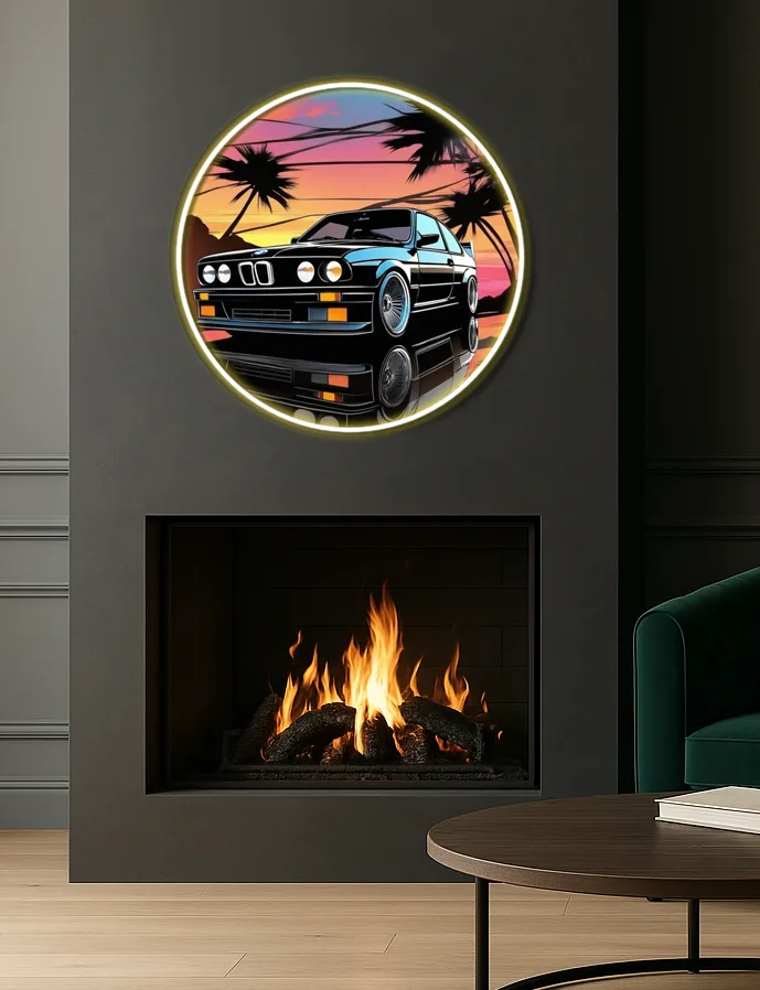 Retro BMW Tarzı Yuvarlak UV Baskı Neon Duvar Dekoru | Gün Batımı Temalı Pleksi Işıklı Tablo | Modern Ev Dekoru — görsel 3