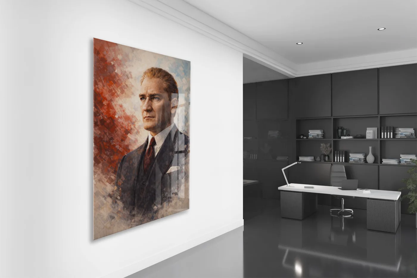 Atatürk Portresi Cam Baskı Tablo | Modern Sanatsal Stil, 4mm Temperli Cam, Yüksek Çözünürlüklü UV Baskı, Ofis ve Salon Duvar Dekoru PeonyAta039 — görsel 4