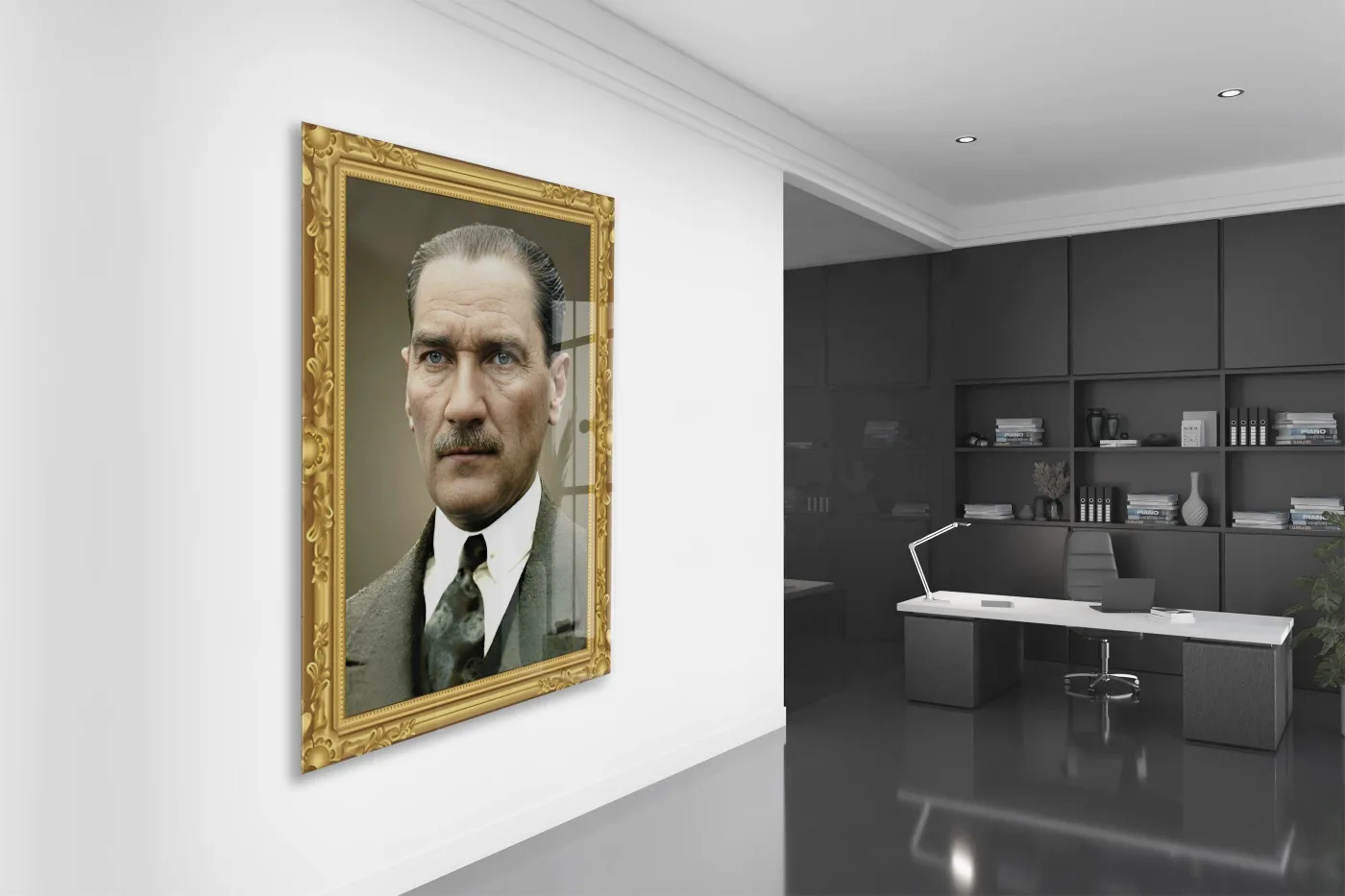 Mustafa Kemal Atatürk Klasik Portre Cam Tablo | Altın Çerçeve Görünümlü 4 mm Temperli UV Baskılı -PeonyAta1311 — görsel 4