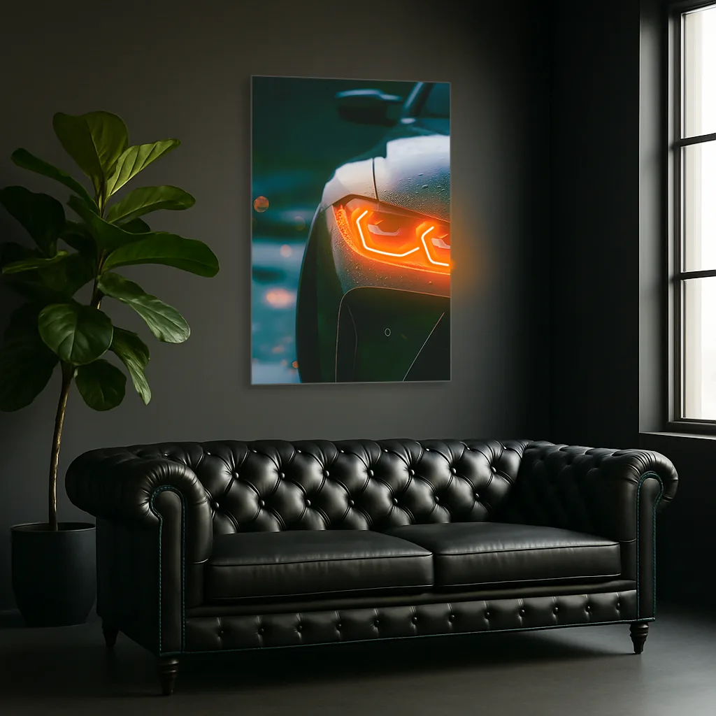 Turuncu Far Detaylı Spor Otomobil UV Baskı Neon Tablo | Pleksi LED Duvar Dekoru | Modern Otomobil Sanatı — görsel 4