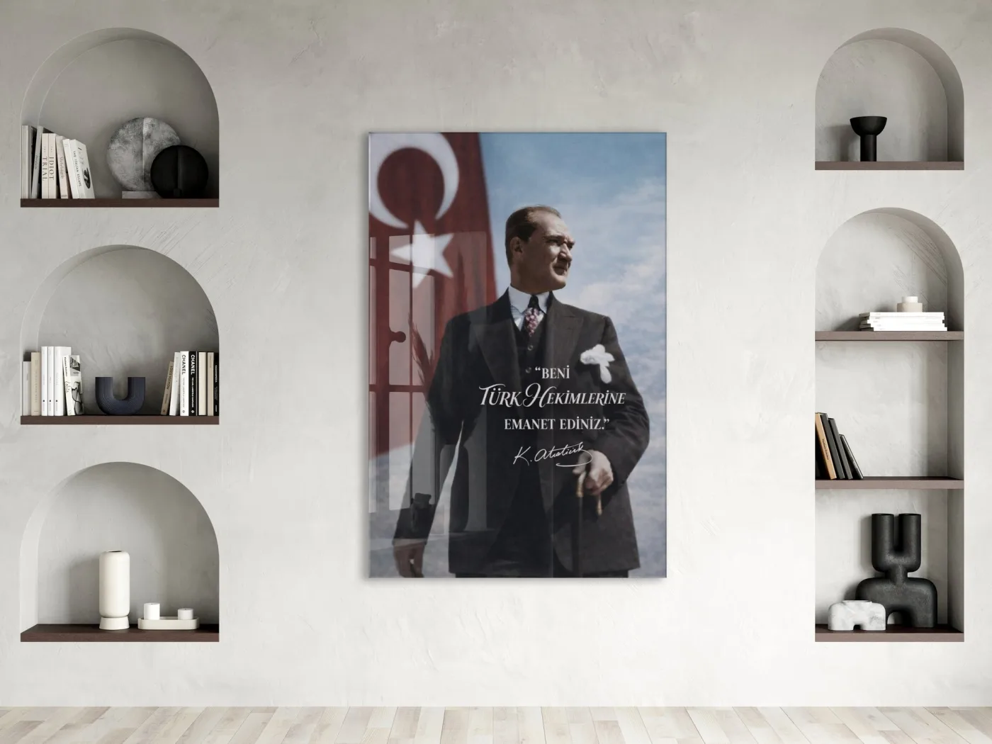 Beni Türk Hekimlerine Emanet Ediniz Atatürk Cam Tablo – Türk Bayraklı Duvar Tablosu-PeonyAta1342 — görsel 3