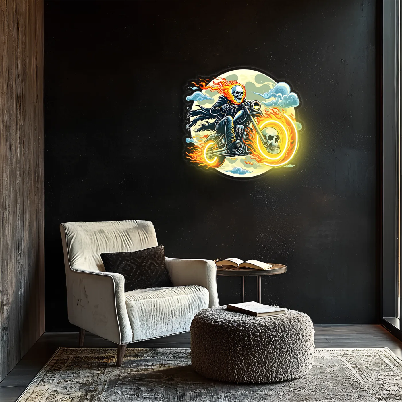 Hayalet Motorcu Neon Duvar Dekoru | İskelet Motosiklet Temalı LED Işıklı Pleksi Tablo | Gamer & Garaj Dekoru — görsel 5