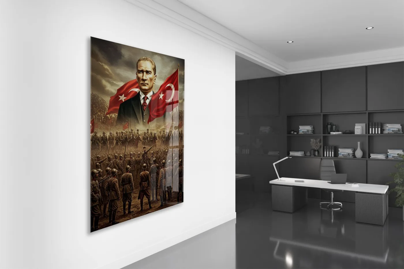 Atatürk ve Türk Bayrağı Cam Baskı Tablo | Kurtuluş Savaşı Temalı Tarihi Duvar Dekoru, 4mm Temperli Cam, Yüksek Çözünürlüklü UV Baskı PeonyAta044 — görsel 4