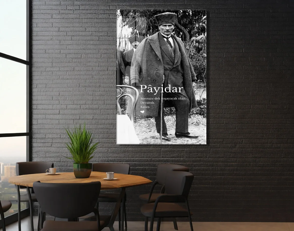 Payidar Atatürk Cam Tablo | Siyah Beyaz Atatürk Portresi, Anlamlı Duvar Dekoru, UV Baskı Temperli Cam Tablo PeonyAta049 — görsel 6
