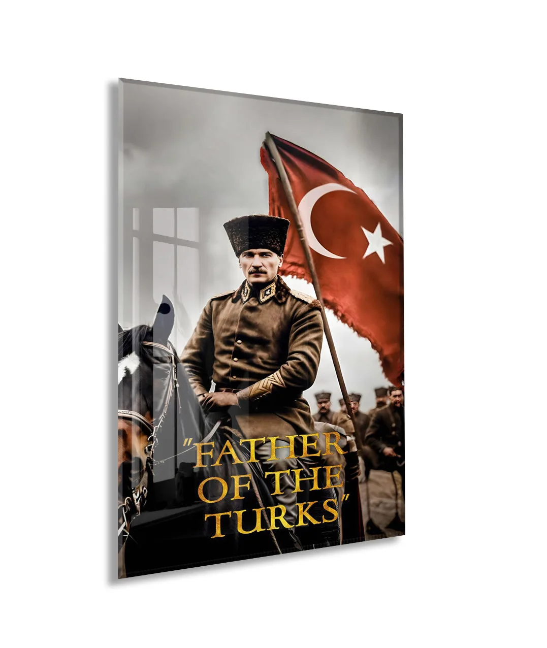 Father Of The Turks , Atatürk At Üzerinde Cam Tablo – Türk Bayraklı Başkomutan Portresi 4 mm Temperli Cam -PeonyAta061 — görsel 1
