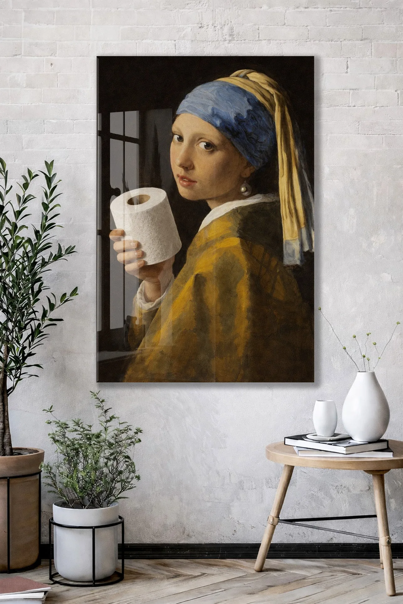 Banyo Dekoruna Özel Mizahi Cam Tablo – Klasik Sanat Modern Dokunuş- Peony091 — görsel 2