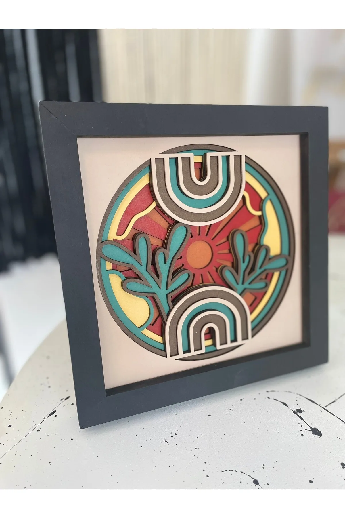 Boho Gökkuşağı & Güneş Katmanlı Tablo – Renkli MDF Çerçeve Duvar Dekoru – El Yapımı Spiritüel Sanat — görsel 4