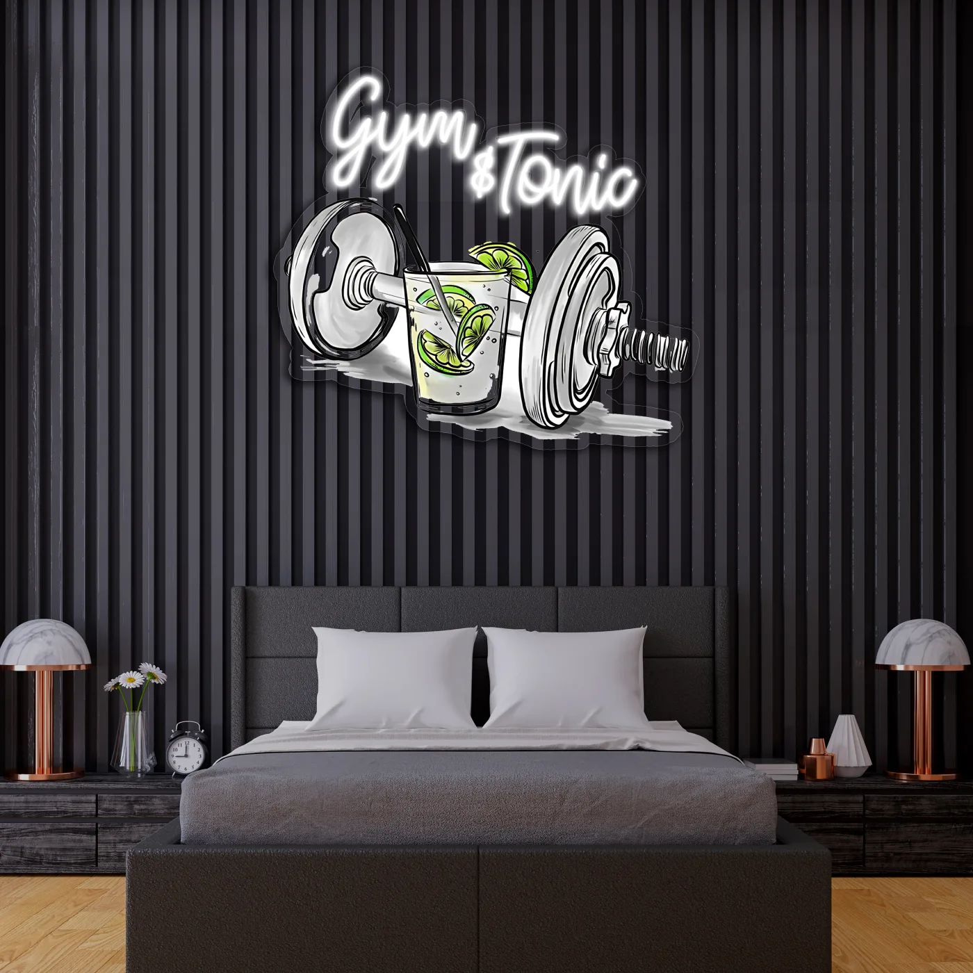 Gym & Tonic Neon Duvar Dekoru | Spor ve Kokteyl Temalı LED Işıklı Tablo | UV Baskı Pleksi Neon | Mizahi Bar ve Ev Dekoru — görsel 3