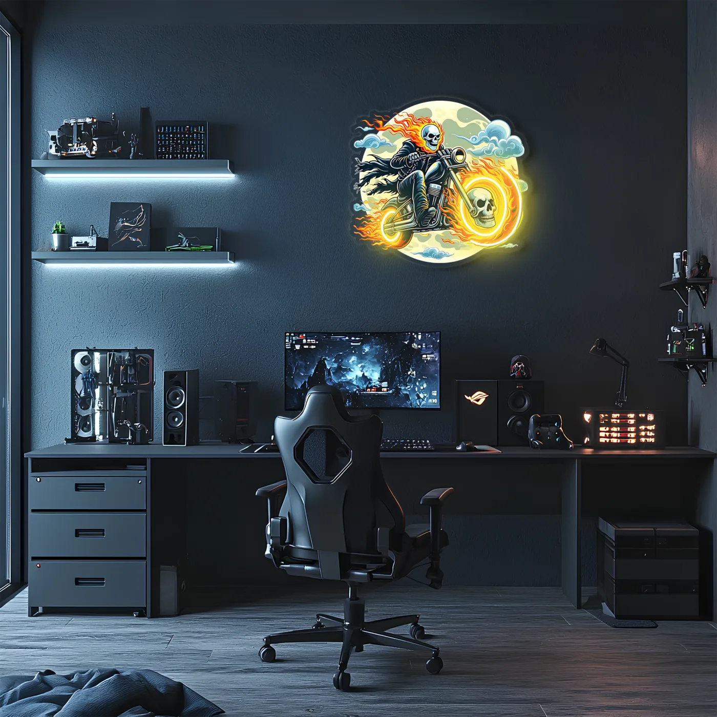 Hayalet Motorcu Neon Duvar Dekoru | İskelet Motosiklet Temalı LED Işıklı Pleksi Tablo | Gamer & Garaj Dekoru — görsel 2