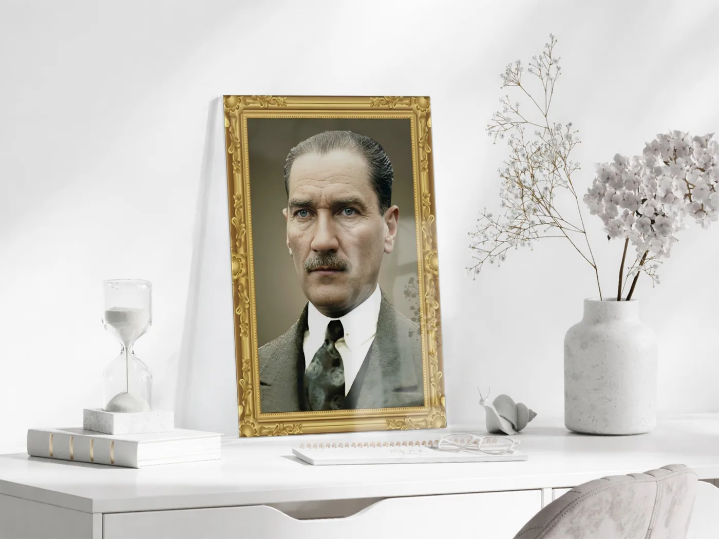 Mustafa Kemal Atatürk Klasik Portre Cam Tablo | Altın Çerçeve Görünümlü 4 mm Temperli UV Baskılı -PeonyAta1311 — görsel 3