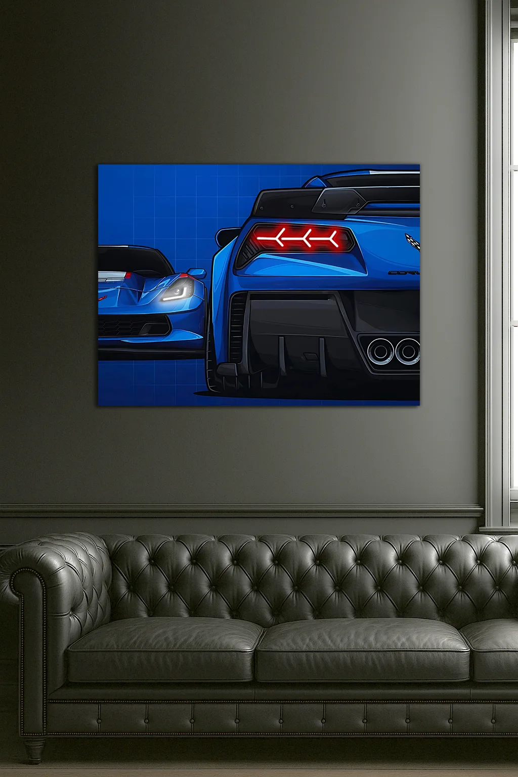 Mavi Corvette Tarzı UV Baskı Neon Duvar Dekoru | Pleksi Işıklı Süper Araba Tablo | Modern Ev ve Ofis Dekoru — görsel 4