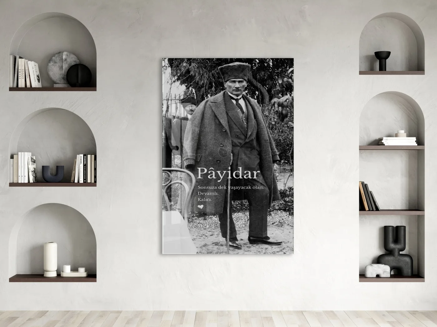Payidar Atatürk Cam Tablo | Siyah Beyaz Atatürk Portresi, Anlamlı Duvar Dekoru, UV Baskı Temperli Cam Tablo PeonyAta049 — görsel 2