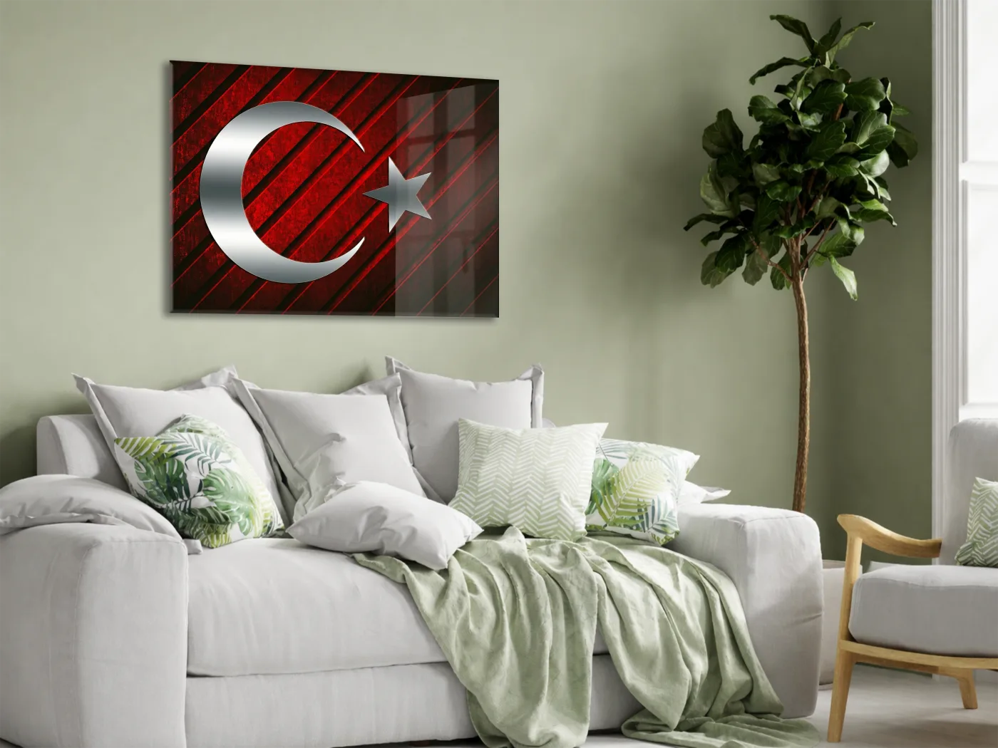 Modern Türk Bayrağı Cam Tablo | Metalik Ay Yıldız Tasarımlı 4 mm Temperli UV Baskılı Duvar Dekoru -PeonyAta1316 — görsel 3