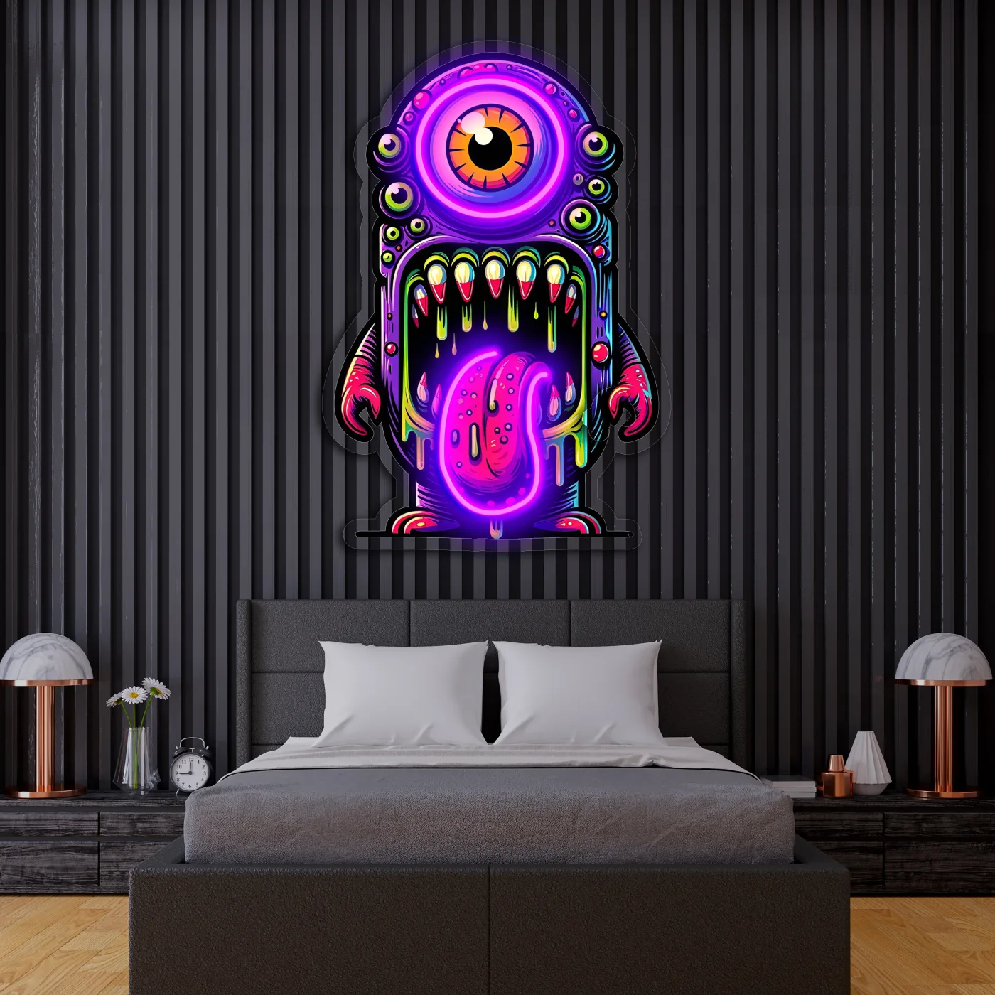 Renkli Canavar Neon Duvar Dekoru | Tek Gözlü Sanatsal LED Tablo | Pleksi UV Baskı Işıklı Pop Art Duvar Sanatı — görsel 2