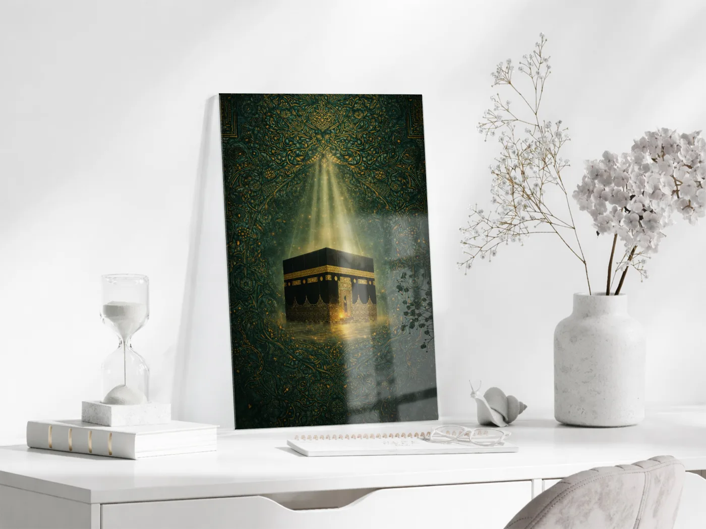 Kabe Temalı Cam Tablo – Altın Işık Efektli İslami Duvar Dekoru - PeonyDini151 — görsel 4