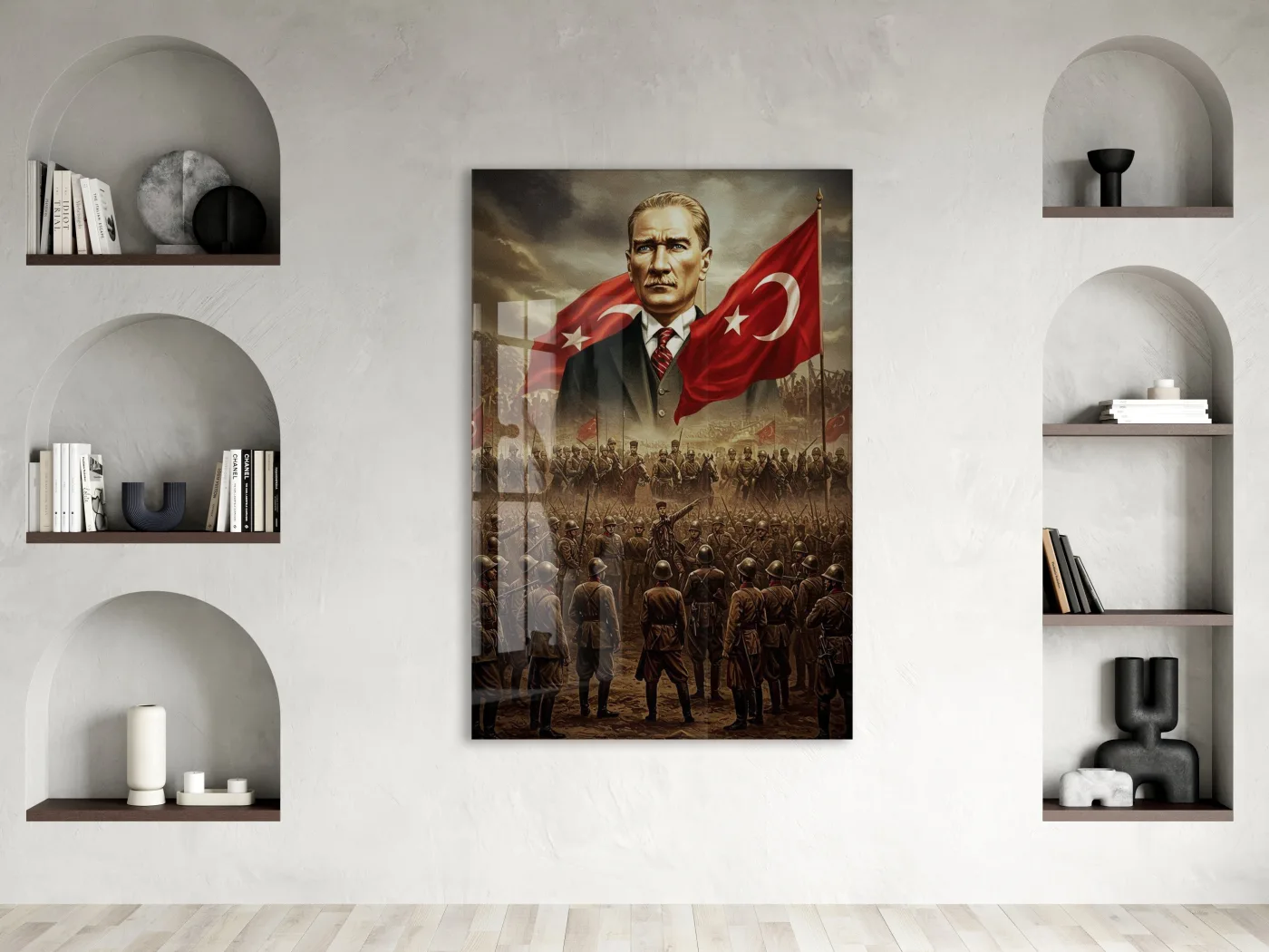 Atatürk ve Türk Bayrağı Cam Baskı Tablo | Kurtuluş Savaşı Temalı Tarihi Duvar Dekoru, 4mm Temperli Cam, Yüksek Çözünürlüklü UV Baskı PeonyAta044 — görsel 2