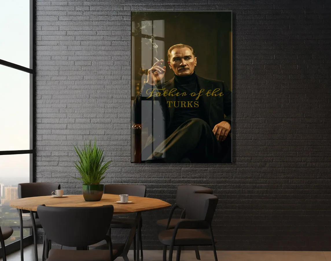 Father of the Turks Atatürk Cam Tablo | Gold Yazı Detaylı Modern Portre, Premium UV Baskı Temperli Cam Atatürk Duvar Dekoru PeonyAta051 — görsel 6