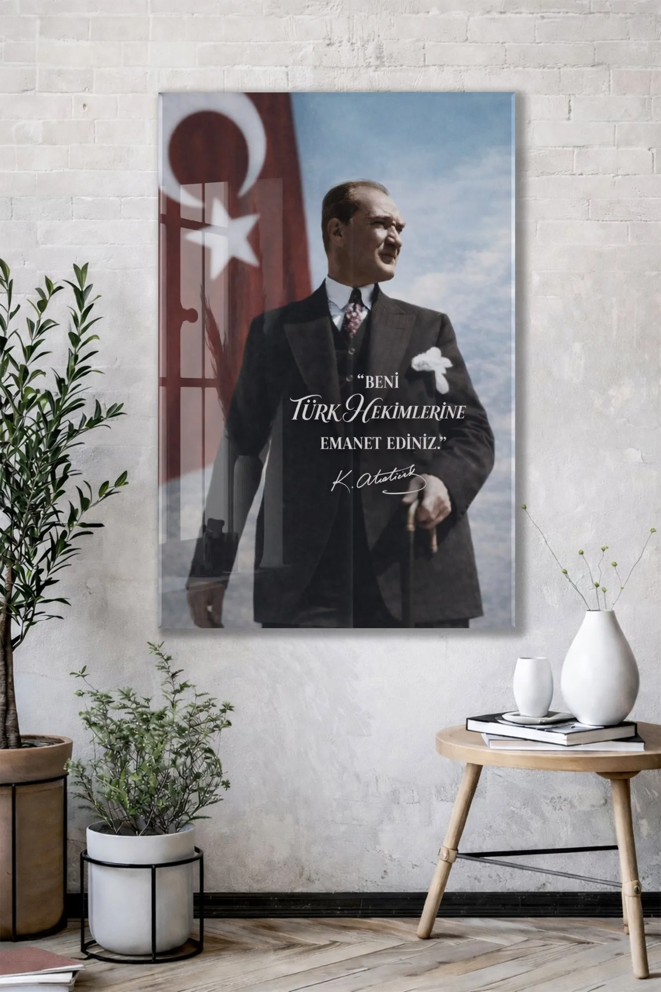 Beni Türk Hekimlerine Emanet Ediniz Atatürk Cam Tablo – Türk Bayraklı Duvar Tablosu-PeonyAta1342 — görsel 2