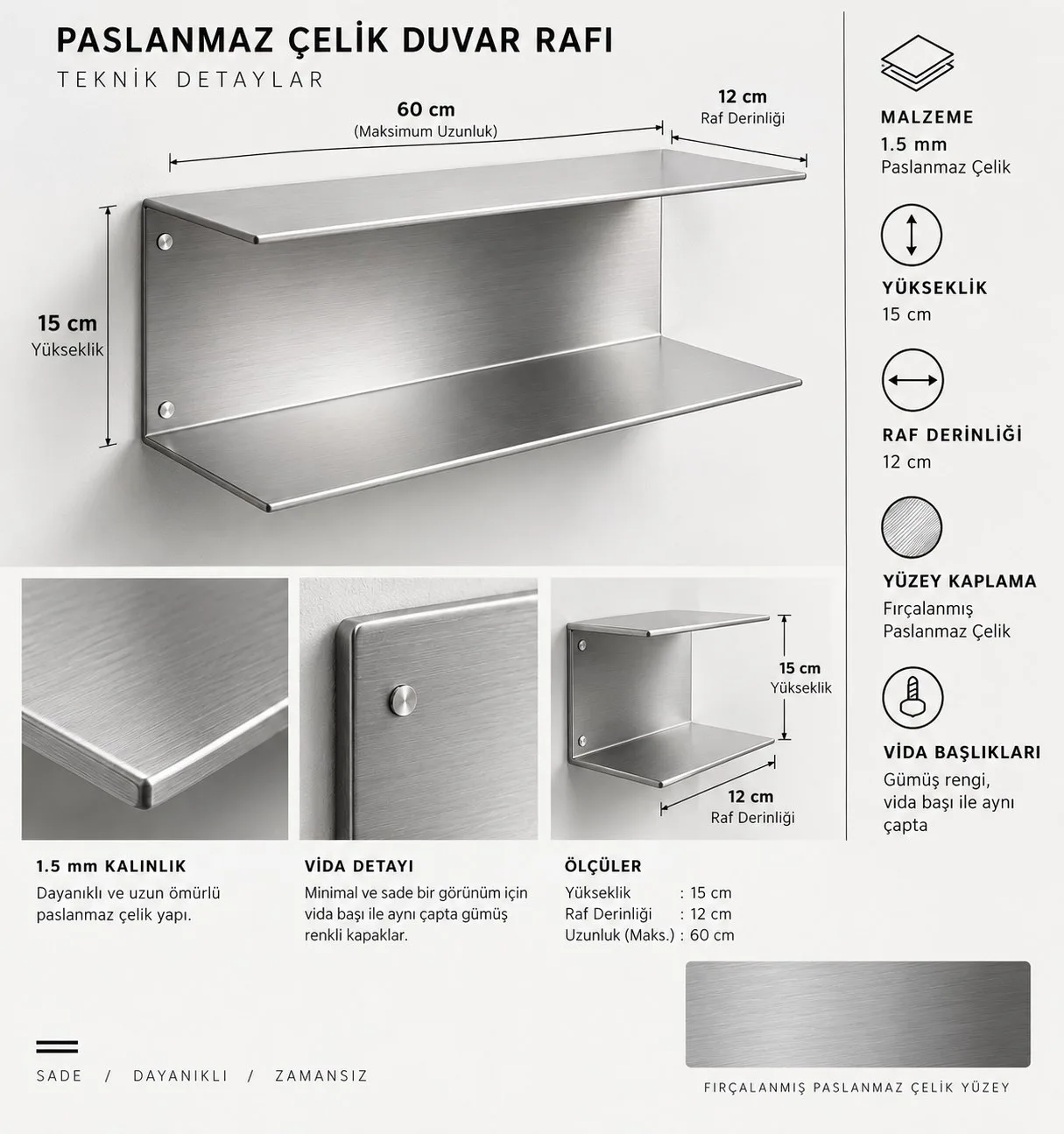 NIVO | Paslanmaz Çelik U Duvar Rafı – Fırçalı Metal Modern Dekoratif Raf — görsel 6