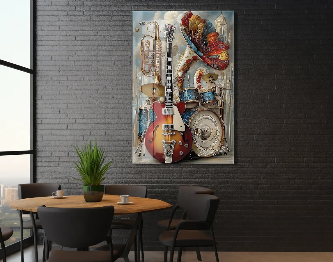 Modern Müzik Temalı Cam Tablo – Gitar, Trompet ve Davul Detaylı, Sanatsal UV Baskılı Temperli Cam Duvar Dekoru - Peony043 — görsel 5