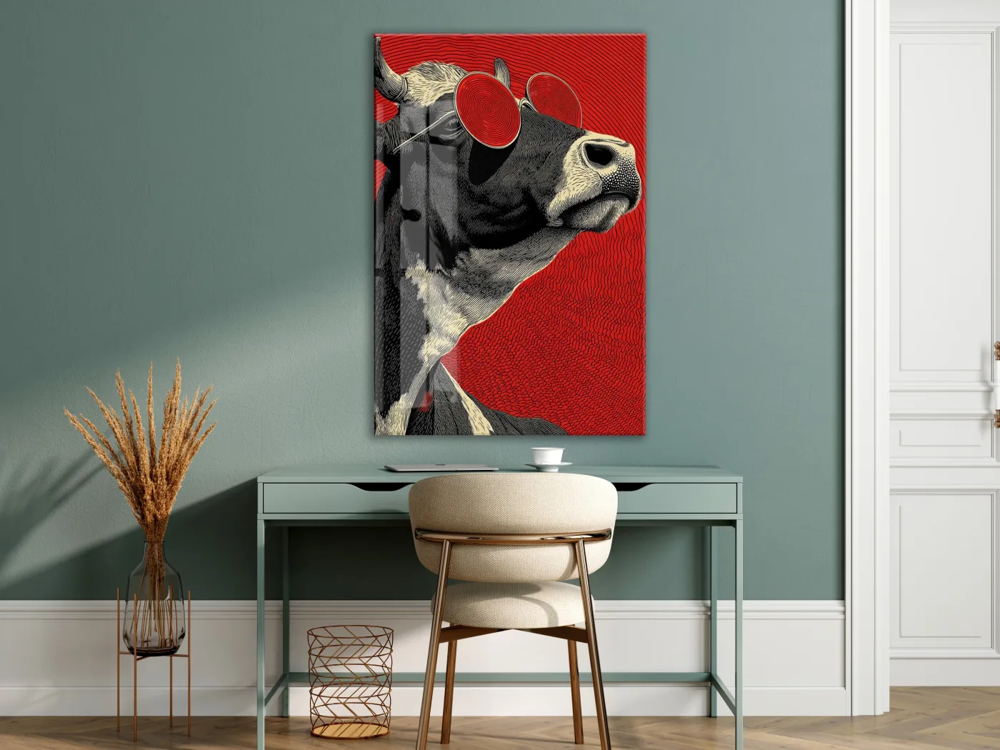 Pop Art Tarzı Boğa Cam Tablo – Kırmızı Arka Planlı Karizmatik Duvar Dekoru - Peony077 — görsel 7