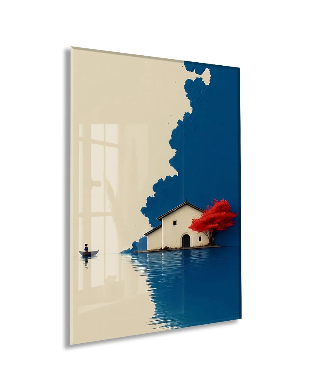 Minimal Göl Evi Manzarası – Kırmızı Ağaçlı Modern Duvar Tablosu - Peony133 — görsel 1