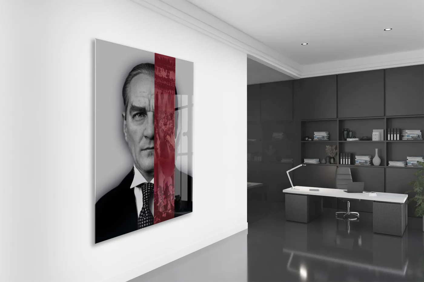 Atatürk Cam Tablo – Lider ve Millet Temalı, Kırmızı Şerit Detaylı 4 mm Temperli Cam Duvar Dekoru -PeonyAta1019 — görsel 5