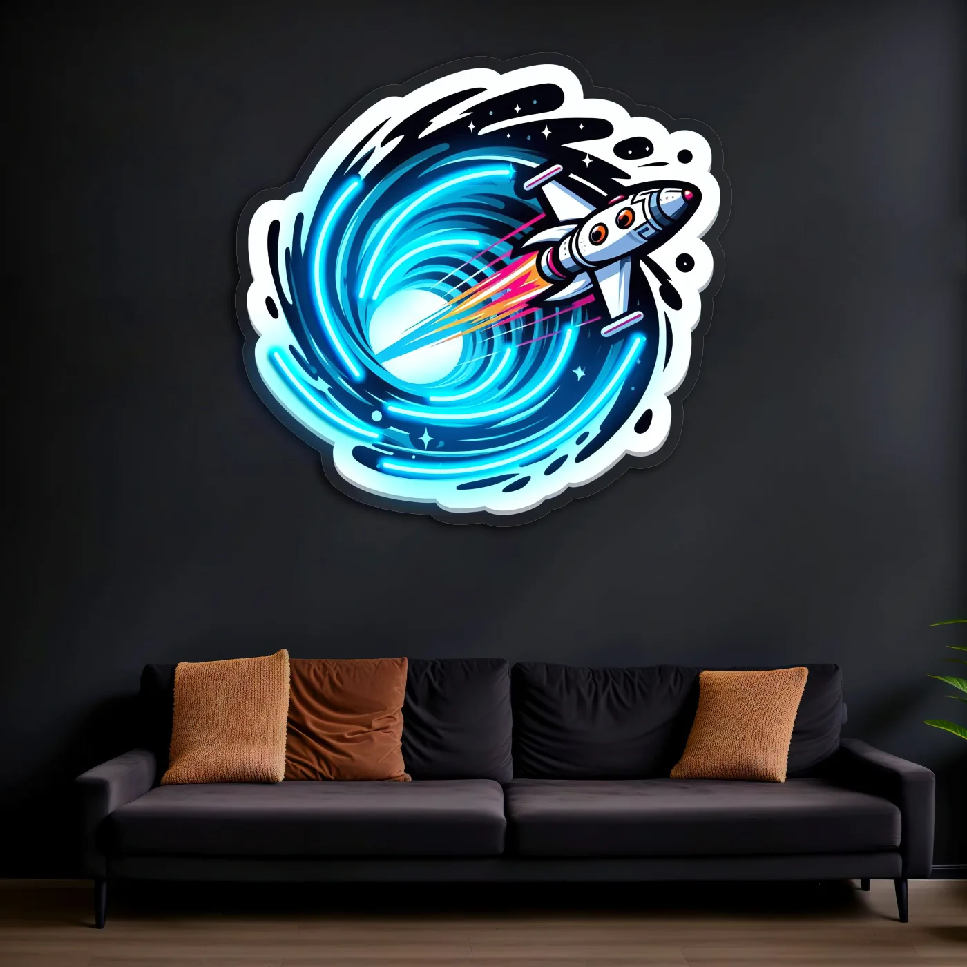 Roket Temalı Neon Duvar Dekoru | Uzay ve Astronot Konseptli LED Tablo | Pleksi UV Baskı Işıklı Duvar Sanatı — görsel 3