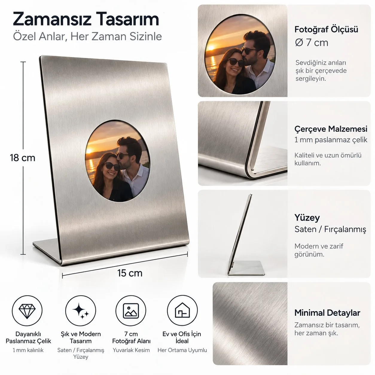 Avera | Paslanmaz Çelik Masaüstü Fotoğraf Çerçevesi – 15x18 cm Fırçalanmış Metal Yuvarlak Fotoğraf Alanlı Modern Dekoratif Çerçeve — görsel 7